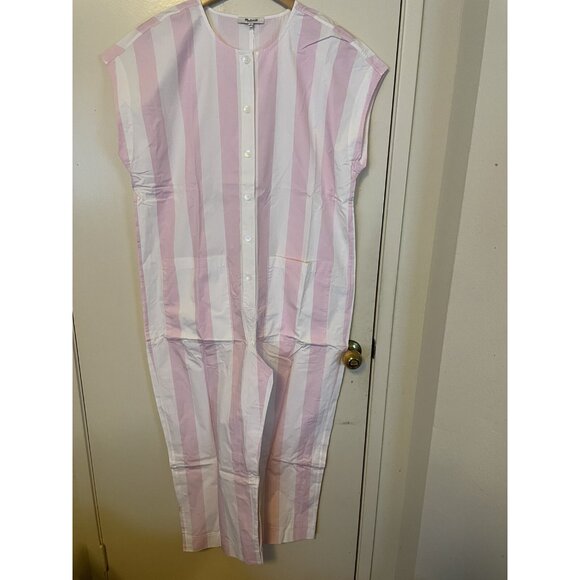 New Womens Madewell Coverall Button Jumpsuit Pink White Striped Size L - Picture 1 of 12
